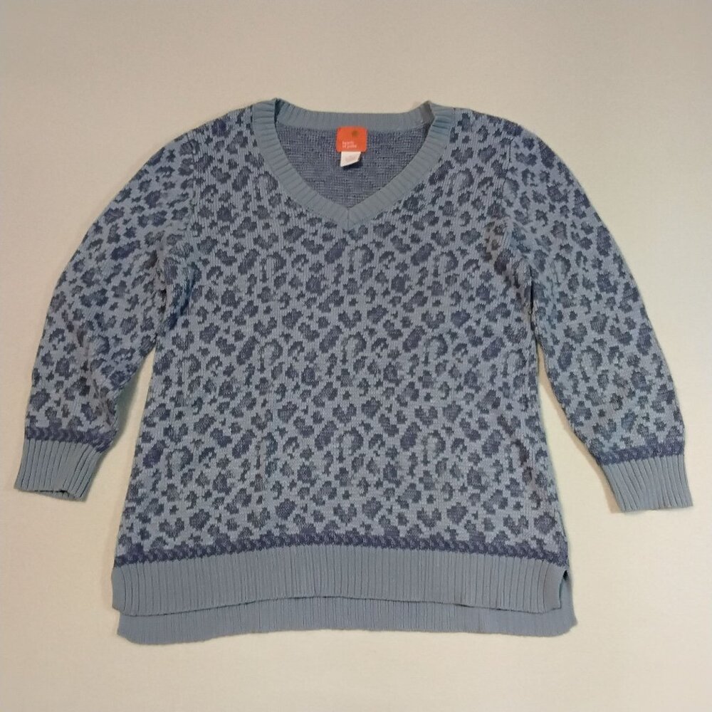 Hearts Of Palm Womens Leopard Print Sweater M Blue V-Neck Cotton Blend